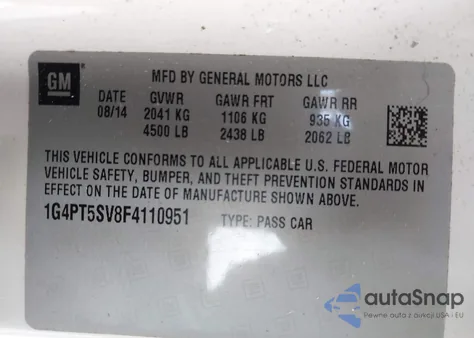 2015 Buick Verano Premium Turbo Group из США, поврежденный, VIN 1G4PT5SV8F4110951